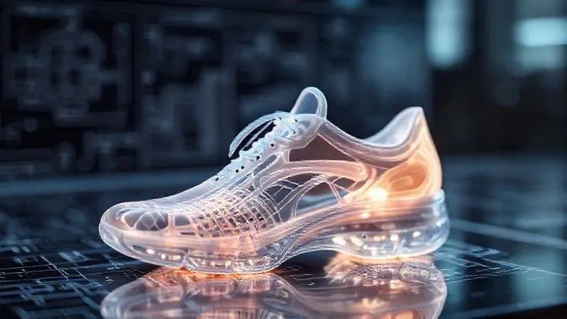 A photorealistic, professional photography, 8K, cinematic lighting, sharp focus, depth of field shot of a futuristic, sleek shoe being 3D printed with intricate, visible internal support structures that seamlessly integrate orthotic design. The shoe glows with soft, ethereal light, suggesting advanced technology and precision. The background shows blurred schematics and digital design interfaces, emphasizing innovation.