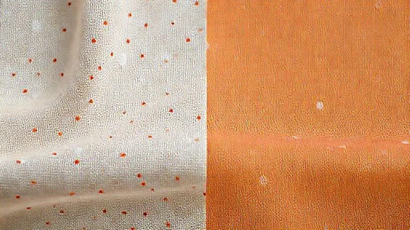 Photorealistic, professional photography, 8K, cinematic lighting, sharp focus, depth of field, shot on a high-end DSLR, a side-by-side comparison of two fabric swatches: one a rich, dense 1950s cotton poplin with a screen-printed polka dot, the other a thin, slick modern polyester with a digitally printed polka dot. The image highlights the textural differences and the quality of the print with subtle light reflecting off the fabrics.
