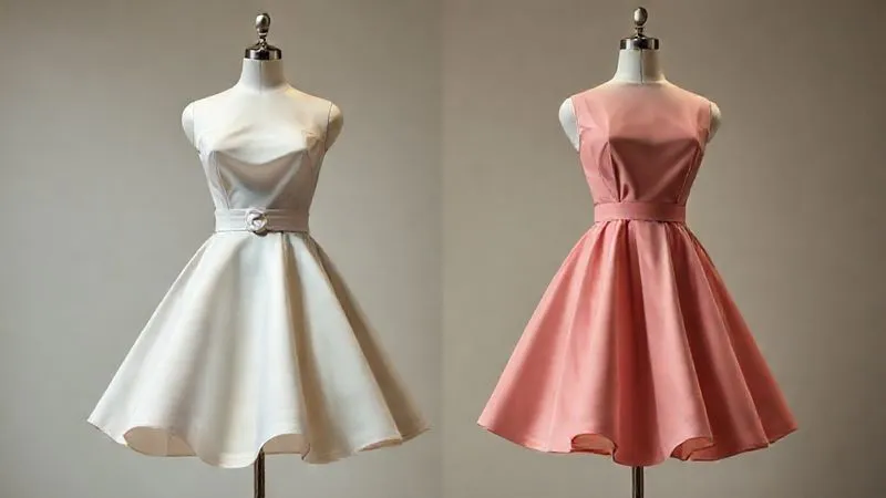 Photorealistic, professional photography, 8K, cinematic lighting, sharp focus, depth of field, shot on a high-end DSLR, a side-by-side comparison of two mannequins. One wears an authentic 1950s rockabilly swing dress with a perfectly cinched waist, full voluminous skirt, and accurate midi length. The other wears a modern fast fashion replica, showing a slightly less defined waist, less skirt volume, and a slightly altered length, highlighting the subtle differences in silhouette and drape.