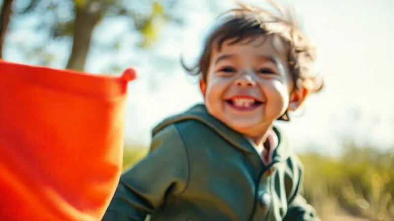 Photorealistic professional photography, 8K, cinematic lighting, sharp focus, depth of field, shot on a high-end DSLR. A child happily playing in innovative, sustainable kids clothing, possibly featuring adaptive elements like magnetic closures or extendable cuffs. The fabric texture is clearly visible, suggesting softness and durability. The background is a bright, natural, and eco-friendly setting, emphasizing the brand's commitment to sustainability and functional design. Emotionally resonant, conveying comfort, freedom, and forward-thinking.