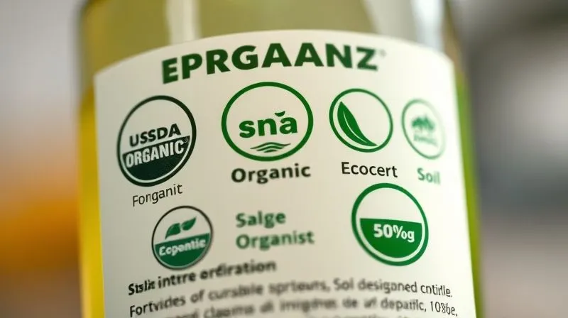 photorealistic, professional photography, 8K, cinematic lighting, sharp focus, depth of field, shot on a high-end DSLR. A close-up of a beauty product label, with various organic certification logos (USDA Organic, Ecocert, Soil Association) clearly visible and highlighted, while other vague 'natural' claims are blurred in the background, symbolizing clarity amidst confusion.