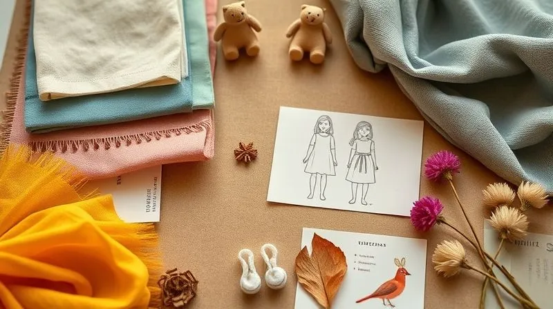 Photorealistic, professional photography, 8K, cinematic lighting, sharp focus, depth of field, shot on a high-end DSLR. A beautifully arranged mood board for a kids fashion boutique, featuring swatches of unique textures like organic cotton and raw silk, miniature sketches of imaginative clothing designs, vibrant color palettes, and small, artfully placed natural elements like dried flowers or wooden toys. The overall aesthetic is cohesive, inspiring, and clearly defines a unique brand identity.