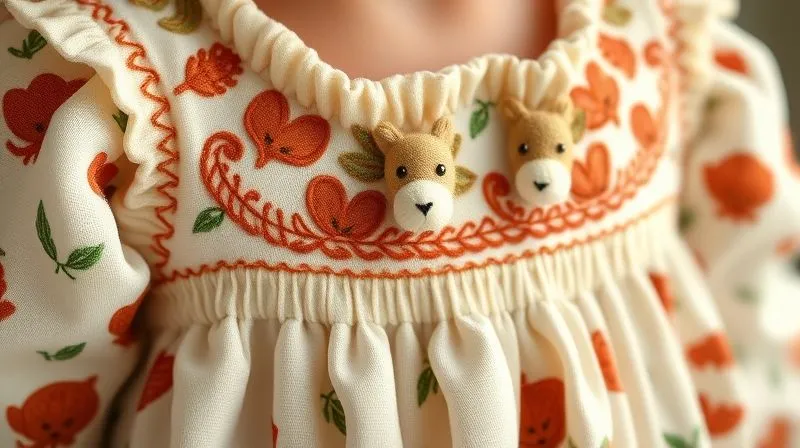 Photorealistic, professional photography, 8K, cinematic lighting, sharp focus, depth of field, shot on a high-end DSLR. A close-up of a truly unique, custom-designed kids' outfit, perhaps a romper with an exclusive hand-drawn print featuring whimsical forest creatures, or a dress with intricate, hand-embroidered details. The fabric texture is visible, and the stitching is perfect, emphasizing craftsmanship and originality. The background is softly blurred, focusing all attention on the garment's distinctive style.