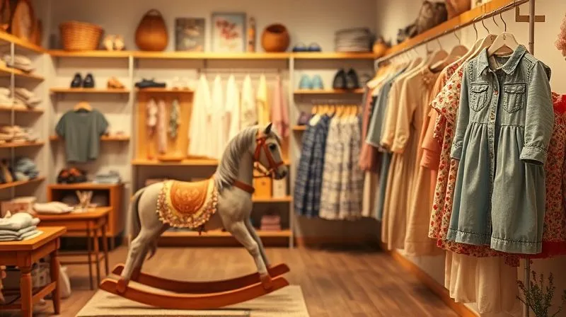 Photorealistic, professional photography, 8K, cinematic lighting, sharp focus, depth of field, shot on a high-end DSLR. A charming and unique kids' boutique interior. The scene features creative, whimsical displays with carefully curated, distinctive children's clothing. Perhaps an antique wooden rocking horse adorned with a unique outfit, or a wall display with clothes artfully arranged by color palette and texture, rather than just size. Soft, inviting lighting with a focus on specific, beautifully designed garments, creating an atmosphere of discovery and exclusivity.