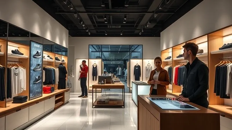 photorealistic, professional photography, 8K, cinematic lighting, sharp focus, depth of field, shot on a high-end DSLR. A sleek, modern luxury activewear boutique with minimalist design, soft lighting, and interactive digital displays showcasing product features, with a discerning customer engaging with a brand representative, conveying an exclusive and personalized shopping experience.