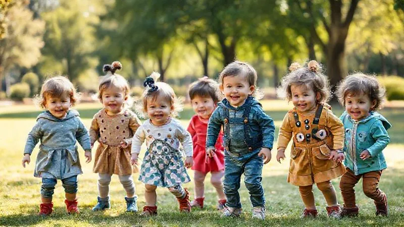 A photorealistic image of a diverse group of toddlers playing in a sunlit park, each dressed in distinctly different styles of clothing that subtly hint at various brand specializations (e.g., minimalist, eco-friendly, sensory-friendly, adventure wear). The children are happy and engaged, with a sharp focus on their outfits and interaction, depth of field blurring the background. Professional photography, 8K, cinematic lighting.