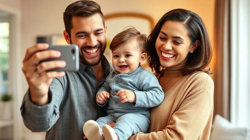 A photorealistic image of a joyful parent holding their toddler, both smiling and interacting with a stylish, well-made outfit. The parent is taking a photo with their phone, capturing the moment. The background is a cozy, brightly lit home setting. Professional photography, 8K, cinematic lighting, sharp focus on the interaction and clothing detail, depth of field blurring the background.