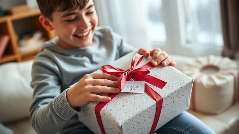 A photorealistic, professional photography, 8K, cinematic lighting, sharp focus, depth of field, shot on a high-end DSLR image of a happy parent carefully unwrapping a beautifully packaged toddler outfit, with a personalized thank-you note visible. The scene exudes warmth and attention to detail, emphasizing the positive post-purchase experience.