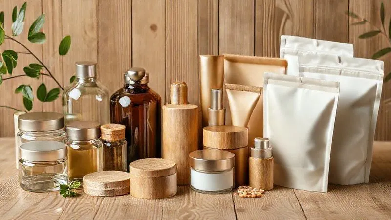 A photorealistic image of a diverse range of eco-friendly beauty packaging materials: glass jars, aluminum tubes, bamboo containers, and refill pouches, arranged neatly on a sustainable wooden surface. Professional photography, 8K, cinematic lighting, sharp focus, depth of field, shot on a high-end DSLR.