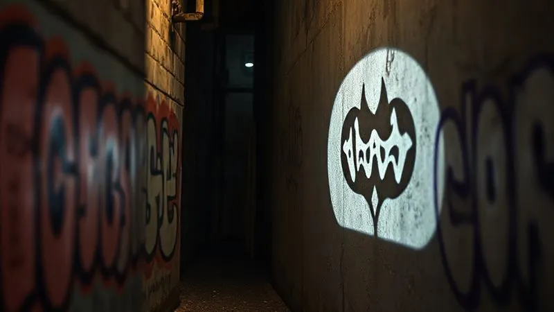 Photorealistic professional photography of a single, intricately designed streetwear brand logo projected onto a rough concrete wall in a dimly lit urban alley, surrounded by blurred graffiti. Cinematic lighting emphasizes the logo's unique design, sharp focus, depth of field, 8K hyper-detailed, conveying a powerful sense of brand identity and origin.