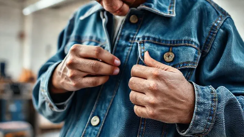 Photorealistic professional photography of a streetwear designer meticulously hand-stitching intricate details onto a unique, sustainable denim jacket made from recycled materials, in a sunlit, modern studio. Cinematic lighting highlights the craftsmanship, sharp focus on the hands and stitching, depth of field blurring the background, 8K hyper-detailed, conveying quality and innovation.
