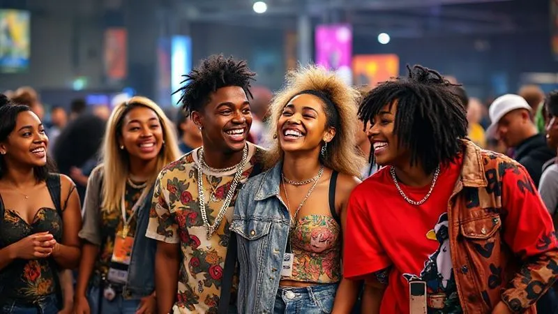 Photorealistic professional photography of a diverse group of young, stylish individuals wearing distinct streetwear pieces, laughing and interacting at a vibrant urban community event. Cinematic lighting, sharp focus on their authentic expressions and diverse styles, depth of field blurring the lively background, 8K hyper-detailed, conveying strong community and belonging.