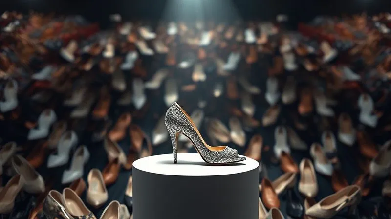 photorealistic, professional photography, 8K, cinematic lighting, sharp focus, depth of field, shot on a high-end DSLR, a single, clear spotlight shining on a unique, intricately designed women's shoe on a pedestal, surrounded by a blurred, vast crowd of generic, indistinguishable shoes, symbolizing market niche identification and unique positioning.