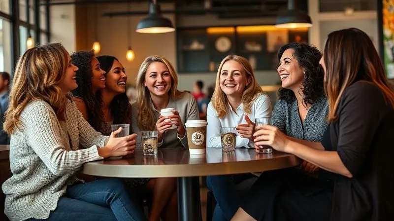 photorealistic, professional photography, 8K, cinematic lighting, sharp focus, depth of field, shot on a high-end DSLR, a diverse group of women happily interacting and laughing together in a stylish, modern cafe, some wearing unique, fashionable women's shoes, with a subtle brand logo on a coffee cup, symbolizing a vibrant brand community and strong post-purchase engagement.
