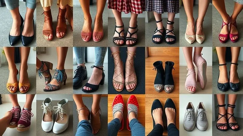 photorealistic, professional photography, 8K, cinematic lighting, sharp focus, depth of field, shot on a high-end DSLR, a dynamic grid of diverse women's feet showcasing various stylish and unique women's shoes in different settings, some holding phones with social media feeds, symbolizing effective influencer collaborations and user-generated content (UGC) in digital marketing.