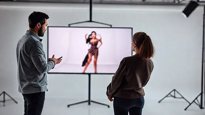 A photorealistic, professional photography, 8K, cinematic lighting, sharp focus, depth of field, shot on a high-end DSLR: A fashion photographer standing opposite a large studio monitor displaying a live camera feed. The photographer is demonstrating a complex high-fashion pose, while an inexperienced model mirrors the pose, intently watching her own reflection on the screen, making subtle adjustments. The studio is minimalist, emphasizing the interaction.
