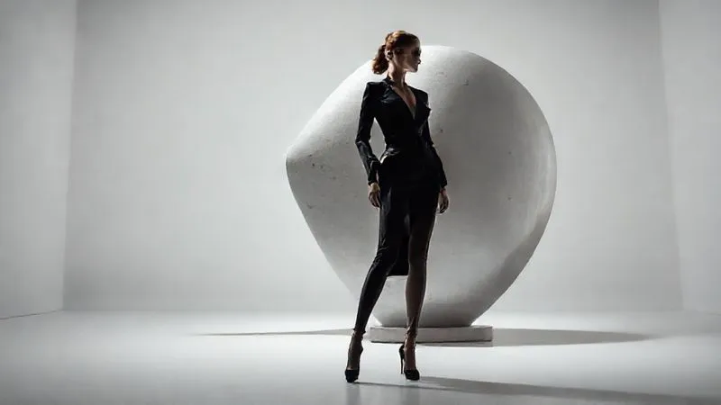 A photorealistic, professional photography, 8K, cinematic lighting, sharp focus, depth of field, shot on a high-end DSLR: A high-fashion model, wearing avant-garde attire, elegantly interacting with a large, minimalist, abstract sculpture in a stark studio. Her body lines are extended and angular, creating a visually striking silhouette against the clean background. The lighting emphasizes the interplay of light and shadow on the model and the sculpture.