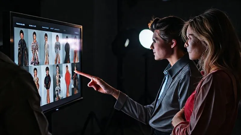 A photorealistic, professional photography, 8K, cinematic lighting, sharp focus, depth of field, shot on a high-end DSLR: A fashion photographer and a model, both casually dressed post-shoot, reviewing a contact sheet of high-fashion images on a large monitor in a dimly lit studio. The photographer points to a pose with a thoughtful expression, while the model leans in, absorbing the feedback. The mood is reflective and educational.