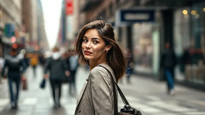 A photorealistic, professional photography shot of a stylish non-model walking confidently down a city street, turning their head slightly with a natural, relaxed expression. The background is a bustling urban environment, blurred with depth of field. Cinematic lighting, sharp focus on the subject, 8K hyper-detailed.