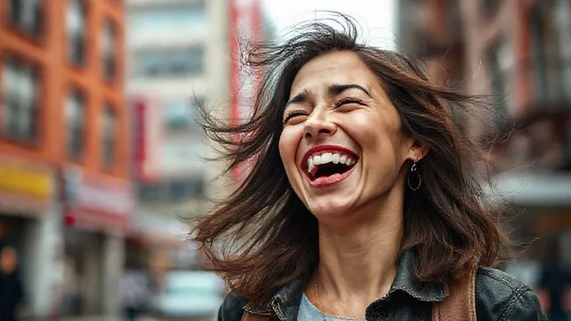 A photorealistic, professional photography shot of a non-model laughing genuinely, mid-motion, with hair slightly wind-blown, against a vibrant urban background. The image exudes joy and natural spontaneity. Cinematic lighting, sharp focus on the subject, 8K hyper-detailed.