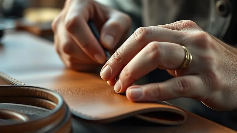 A photorealistic close-up of a master artisan's hands meticulously stitching a piece of high-quality leather, highlighting the precision and traditional craftsmanship, with soft, directional light, sharp focus on the hands and leather, depth of field blurring the background, 8K hyper-detailed, professional photography, shot on a high-end DSLR.