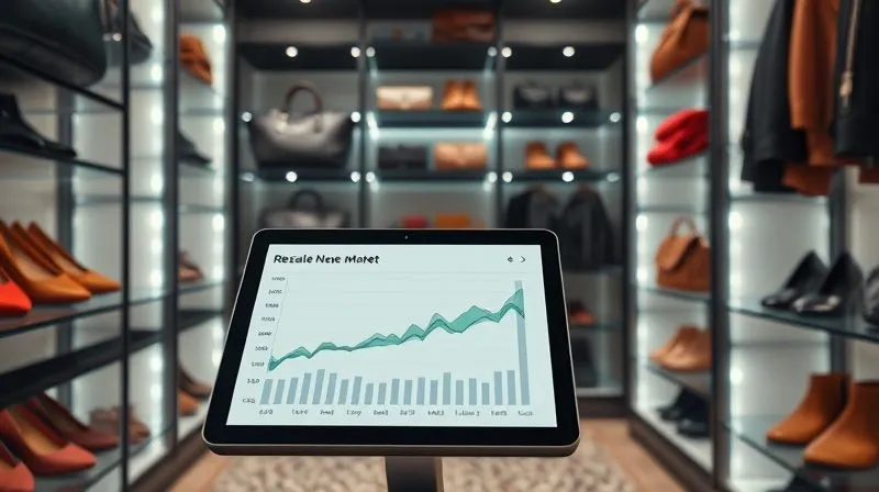 A photorealistic aerial shot of a beautifully organized luxury closet, featuring classic handbags and shoes on display, with a tablet showing resale market data graphs in the foreground, cinematic lighting, sharp focus on the tablet and closet, depth of field, 8K hyper-detailed, professional photography, shot on a high-end DSLR.