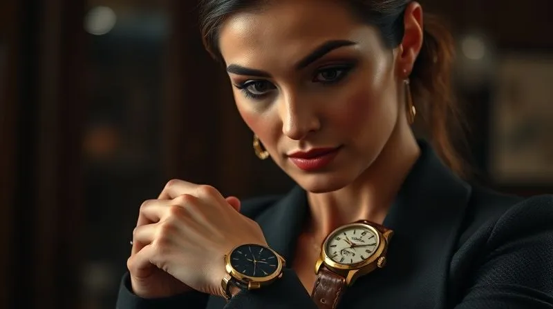 A photorealistic image of a wise, elegantly dressed woman (representing the industry specialist) thoughtfully examining a classic vintage watch on her wrist, with a discerning expression, surrounded by a subtle aura of luxury and timelessness, cinematic lighting, sharp focus on her face and the watch, depth of field, 8K hyper-detailed, professional photography, shot on a high-end DSLR.
