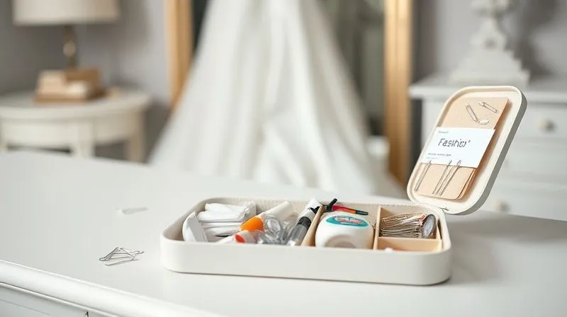A beautifully organized, open bridal emergency kit on a white vanity, showcasing small sewing essentials, fabric glue, safety pins, and fashion tape, all neatly arranged, soft natural light, sharp focus on the contents, depth of field blurring a white wedding dress in the background, photorealistic, professional photography, 8K, cinematic lighting, shot on a high-end DSLR.