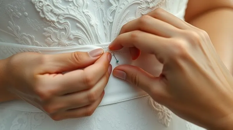 A close-up, photorealistic image of a bridal attendant's hands carefully using a tiny safety pin to secure a hidden tear on the inner lining of a wedding gown, while the outer lace layer remains pristine, soft focus on the gown and hands, cinematic lighting, 8K, shot on a high-end DSLR.