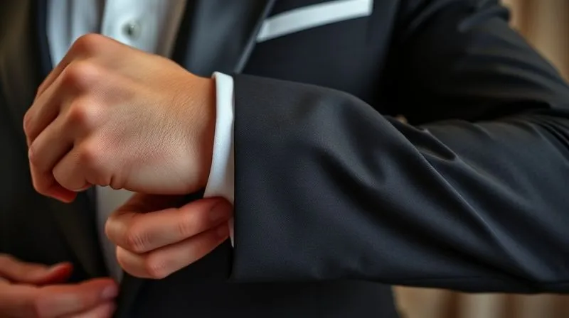 photorealistic, professional photography, 8K, cinematic lighting, sharp focus, depth of field, shot on a high-end DSLR. Close-up of a man's tuxedo jacket sleeve being discreetly folded inwards and secured with fashion tape, revealing a perfectly exposed shirt cuff. Hands are carefully making the adjustment, emphasizing a hidden, quick fix.