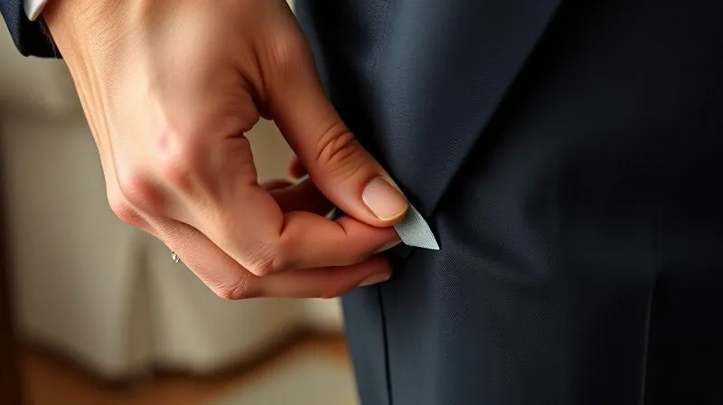 photorealistic, professional photography, 8K, cinematic lighting, sharp focus, depth of field, shot on a high-end DSLR. Close-up of a man's tuxedo trouser leg being discreetly hemmed with double-sided fashion tape, showing the inside fold and the tape securing it. A hand is carefully pressing the fabric to ensure a smooth, invisible finish.