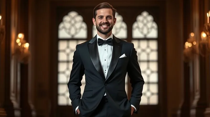 photorealistic, professional photography, 8K, cinematic lighting, sharp focus, depth of field, shot on a high-end DSLR. A groom standing tall with perfect, confident posture in a tuxedo, smiling genuinely, looking poised and comfortable, illustrating how good posture enhances the look of formal wear.