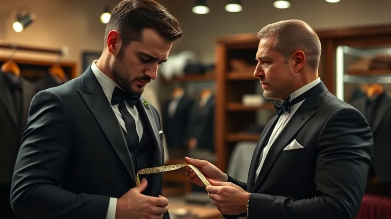 photorealistic, professional photography, 8K, cinematic lighting, sharp focus, depth of field, shot on a high-end DSLR. A concerned groom and a sympathetic tailor discussing adjustments to a tuxedo jacket in a well-lit alteration shop, emphasizing professional help for complex issues. The tailor holds a measuring tape, looking attentive.