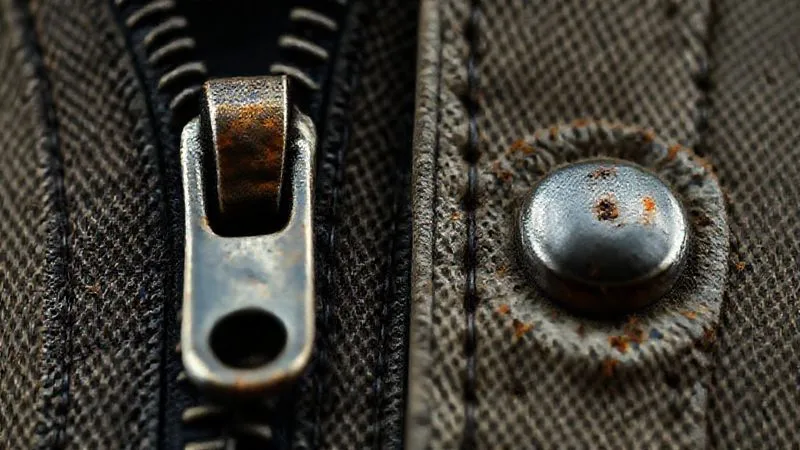 A close-up, photorealistic, professional photography, 8K, cinematic lighting, sharp focus, depth of field, shot on a high-end DSLR, of an authentic metal zipper from the 1940s with a distinctive pull tab and patina, alongside a modern plastic zipper that mimics its appearance but lacks the aged quality and specific brand markings.