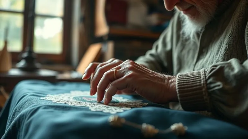 A photorealistic image of a wise, older haute couture artisan with gentle hands, patiently guiding the hands of a young apprentice through an intricate embroidery technique on a luxurious fabric. The setting is a dimly lit, traditional atelier, with sunlight streaming through a window, highlighting dust motes and the delicate threads. Cinematic lighting, 8K, sharp focus on the hands, depth of field, shot on a high-end DSLR.