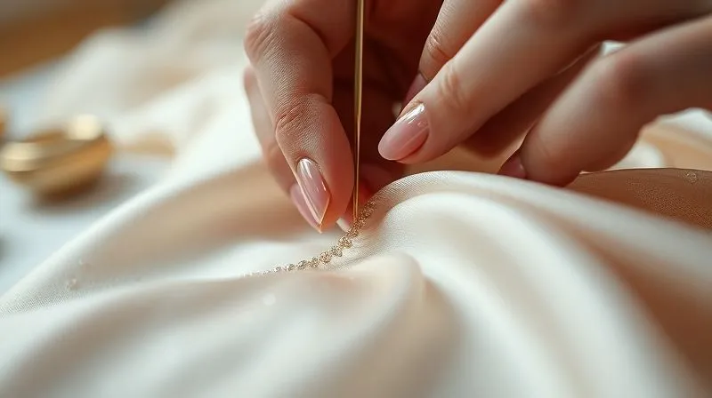 A photorealistic, extreme close-up shot of an haute couture artisan's delicate hands performing intricate beadwork on a shimmering silk fabric. The tiny beads are perfectly aligned, catching the cinematic light. The needle and thread are in sharp focus, showing the minute tension and placement. The background is a soft, luxurious blur of the atelier. 8K, sharp focus, depth of field, shot on a high-end DSLR.