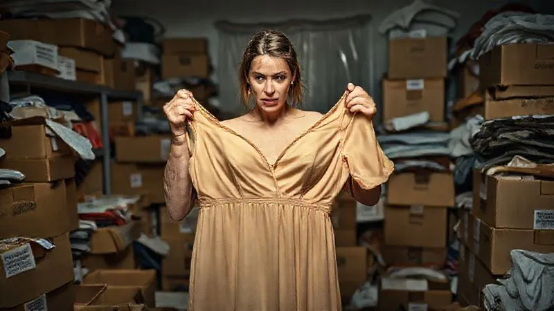 A photorealistic image of a frustrated woman in a messy room filled with returned clothing boxes. She is holding up an ill-fitting dress, looking exasperated. The scene is dimly lit with a sense of overwhelm. Professional photography, 8K, cinematic lighting, sharp focus on the woman and dress, depth of field blurring the background, shot on a high-end DSLR.