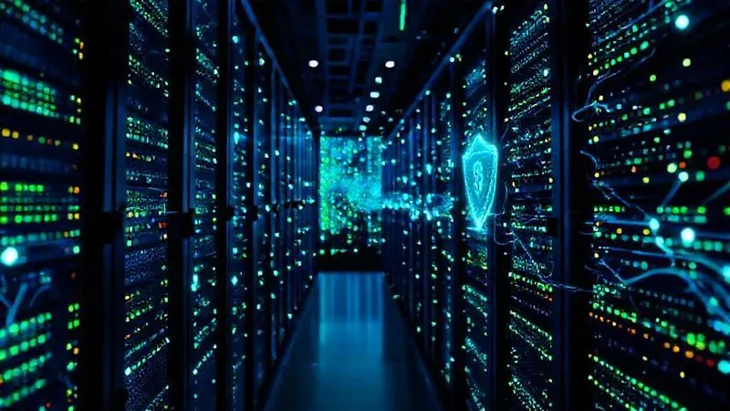 A photorealistic, highly detailed image of a glowing, intricate network of digital data flowing securely through server racks. There are abstract representations of body scan data points within the network, protected by shimmering security shields. The scene is bathed in cool blue and green light, symbolizing security and technology. Professional photography, 8K, cinematic lighting, sharp focus on the data flow, depth of field blurring background servers, shot on a high-end DSLR.