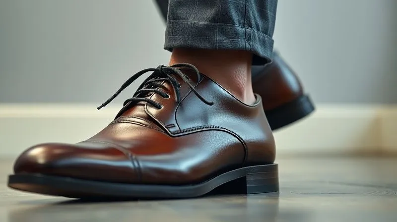 Photorealistic, professional photography, 8K, cinematic lighting, sharp focus, depth of field, shot on a high-end DSLR. A close-up shot focusing on a man's impeccably polished dark brown leather oxford shoes, paired with a matching leather belt and the hem of a perfectly tailored charcoal grey trouser. In the background, a subtle glimpse of a classic dress watch on his wrist. The image emphasizes the meticulous attention to detail in professional accessories.