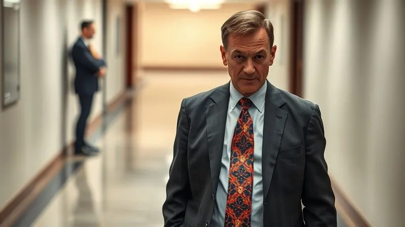 Photorealistic, professional photography, 8K, cinematic lighting, sharp focus, depth of field, shot on a high-end DSLR. A man in a slightly ill-fitting, wrinkled suit, with a brightly patterned, distracting tie and scuffed shoes, looking slightly uncomfortable. The background is a blurred office hallway, subtly contrasting with an adjacent, crisply dressed, confident figure (partially visible, out of focus) representing the 'right' way to dress. The focus is on the 'wrong' elements of the first man's attire, conveying common pitfalls without being overtly negative.