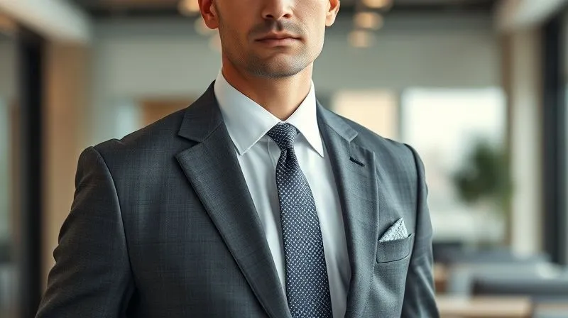 Photorealistic, professional photography, 8K, cinematic lighting, sharp focus, depth of field, shot on a high-end DSLR. A confident man in a perfectly tailored charcoal grey suit, with a crisp white shirt and a subtly patterned navy silk tie. He has a sophisticated, minimalist pocket square peeking from his jacket pocket. He's standing in a modern office, exuding executive presence while showcasing a refined, personalized touch to his professional attire. The focus is on the tasteful integration of personal style within a professional framework.