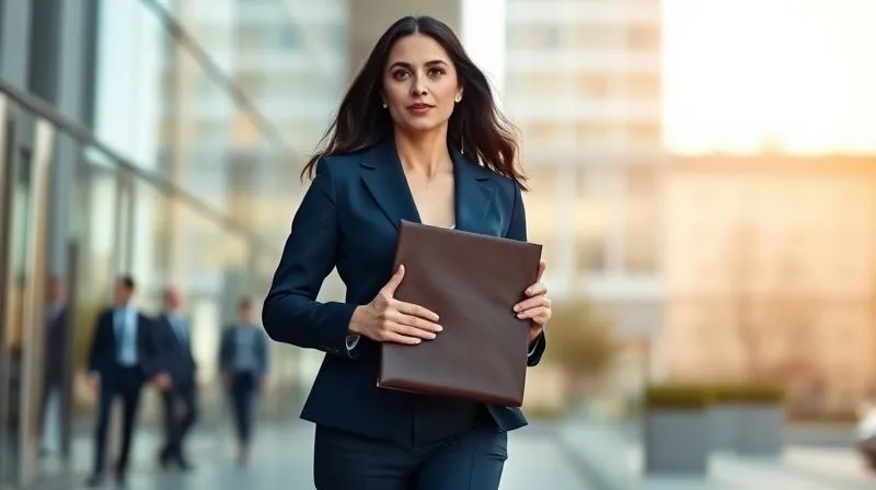 A photorealistic image of a woman in a perfectly tailored navy pantsuit, holding a structured leather brief, confidently walking into a modern office building for an interview. Cinematic lighting, sharp focus on her determined expression, depth of field blurring the background, 8K hyper-detailed, shot on a high-end DSLR.