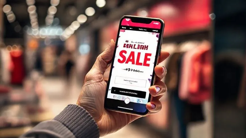 A photorealistic image of a woman's hand holding a smartphone, displaying a vibrant online fashion sale ad with clear pricing and a countdown timer. In the background, a blurred but stylish retail environment, cinematic lighting, sharp focus on the phone screen, depth of field, 8K hyper-detailed.