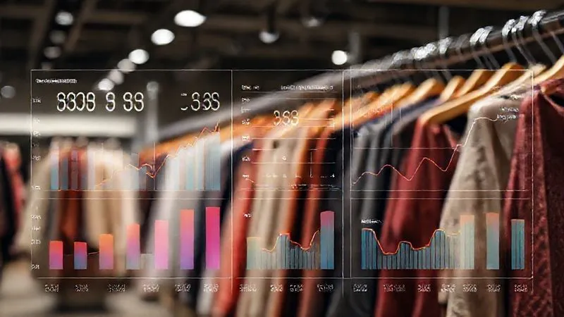 A photorealistic, professional photography, 8K, cinematic lighting, sharp focus, depth of field, shot on a high-end DSLR. A sophisticated data dashboard displaying various inventory metrics (sell-through rate, turnover, DSI) with colorful, clean graphs and charts, overlaid with a subtle, blurred image of womenswear on racks in the background. The mood is analytical and forward-thinking.