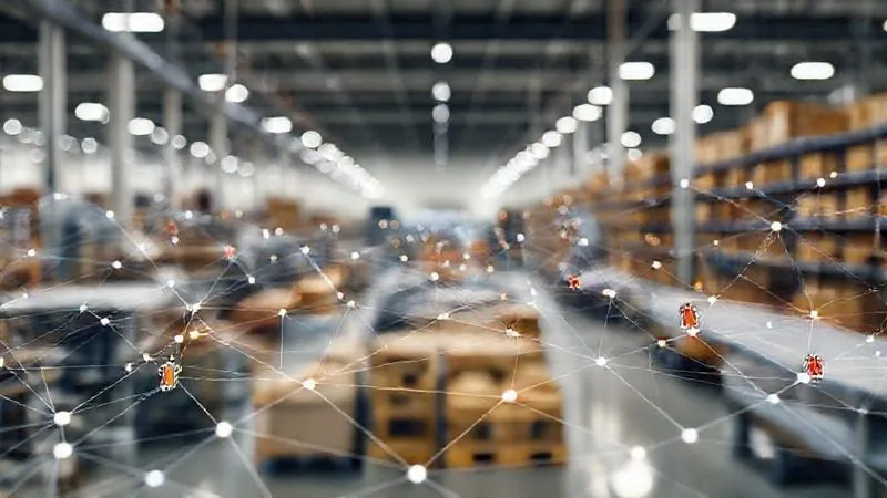 A photorealistic, professional photography, 8K, cinematic lighting, sharp focus, depth of field, shot on a high-end DSLR. A complex but organized network of interconnected lines and nodes, representing a global supply chain, with small, vibrant icons of womenswear garments moving efficiently along the paths. The background is a modern, clean warehouse or factory floor, symbolizing seamless operations and reduced waste. The mood is efficient and forward-thinking.