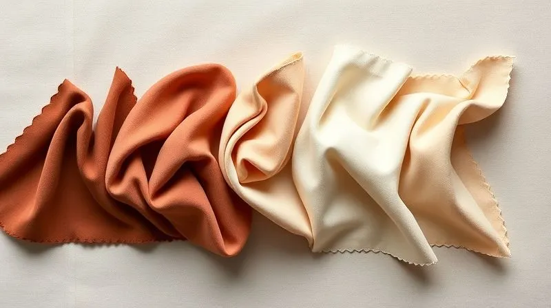 A highly detailed, photorealistic illustration showing the seven basic types of fabric folds (pipe, diaper, spiral, half-lock, zig-zag, drop, inert) demonstrated on various textile swatches like silk, velvet, and linen. Each fold type is clearly distinct, with precise rendering of light and shadow, set against a neutral background. Professional digital art, 8K, sharp focus, cinematic lighting.
