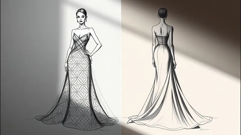 A photorealistic, professional photography shot of two costume design sketches side-by-side. One sketch shows a figure in a patterned gown where the pattern is drawn flat, making the fabric appear stiff. The second sketch shows the same figure and gown, but the pattern is expertly rendered to curve and distort with the fabric's drape and movement, creating a dynamic, three-dimensional effect. Cinematic lighting, sharp focus on the sketches, 8K hyper-detailed.