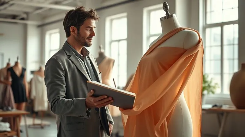 A photorealistic, professional photography image of a costume designer meticulously observing a draped piece of raw silk fabric, holding a sketchbook and a pencil. The fabric is arranged on a mannequin, catching natural light that highlights its delicate folds and sheen. The designer's expression is one of deep concentration and study. Cinematic lighting, sharp focus on the fabric and sketchbook, depth of field blurring the background, 8K hyper-detailed, shot on a high-end DSLR.