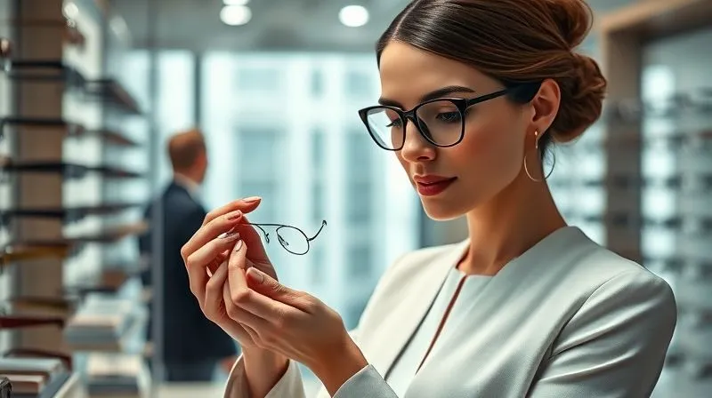 A photorealistic image of a sophisticated woman in a high-end optical boutique, elegantly examining a luxury eyewear chain with a look of discerning appreciation, soft ambient lighting, sharp focus on her hands and the chain, depth of field blurring the background, 8K hyper-detailed.