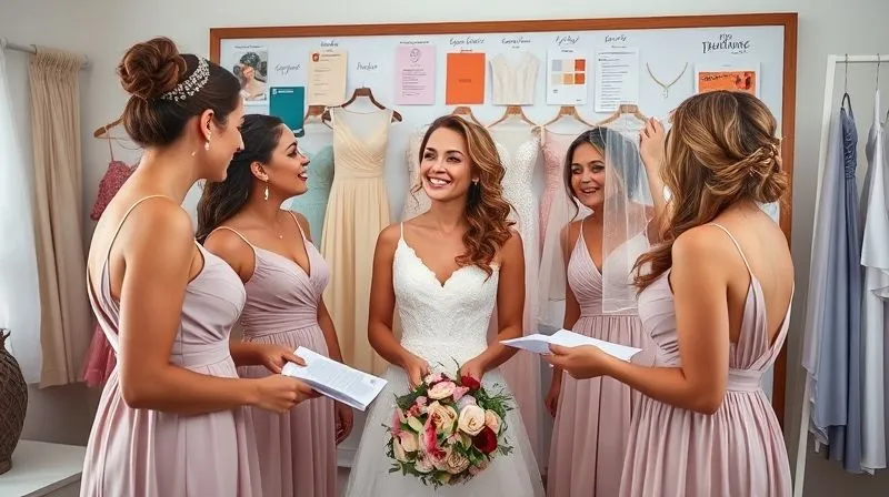 A bride and her bridesmaids gathered around a mood board filled with fabric swatches, dress styles, and color palettes, laughing and discussing options. Photorealistic, professional photography, 8K, cinematic lighting, sharp focus on their faces, depth of field blurring the background, shot on a high-end DSLR.